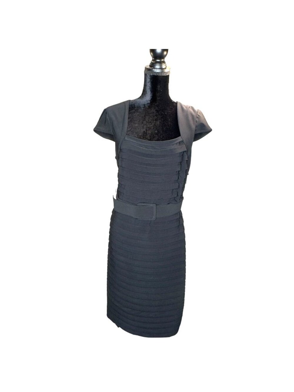 Adrianna Papell Black Sheath Dress Pleated Belted Cap Sleeve Size 14